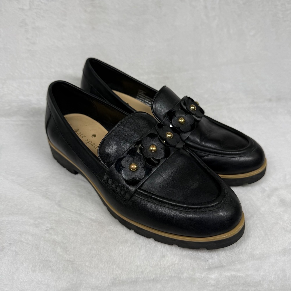 Kate Spade Karisa Black Leather Floral Studded Loafers Womens 5.5M Slip On Shoes